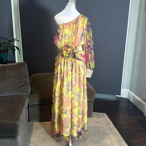 Women’s Floral One Shoulder Lightweight Summer Dress Leg Slit Cut Outs Size L